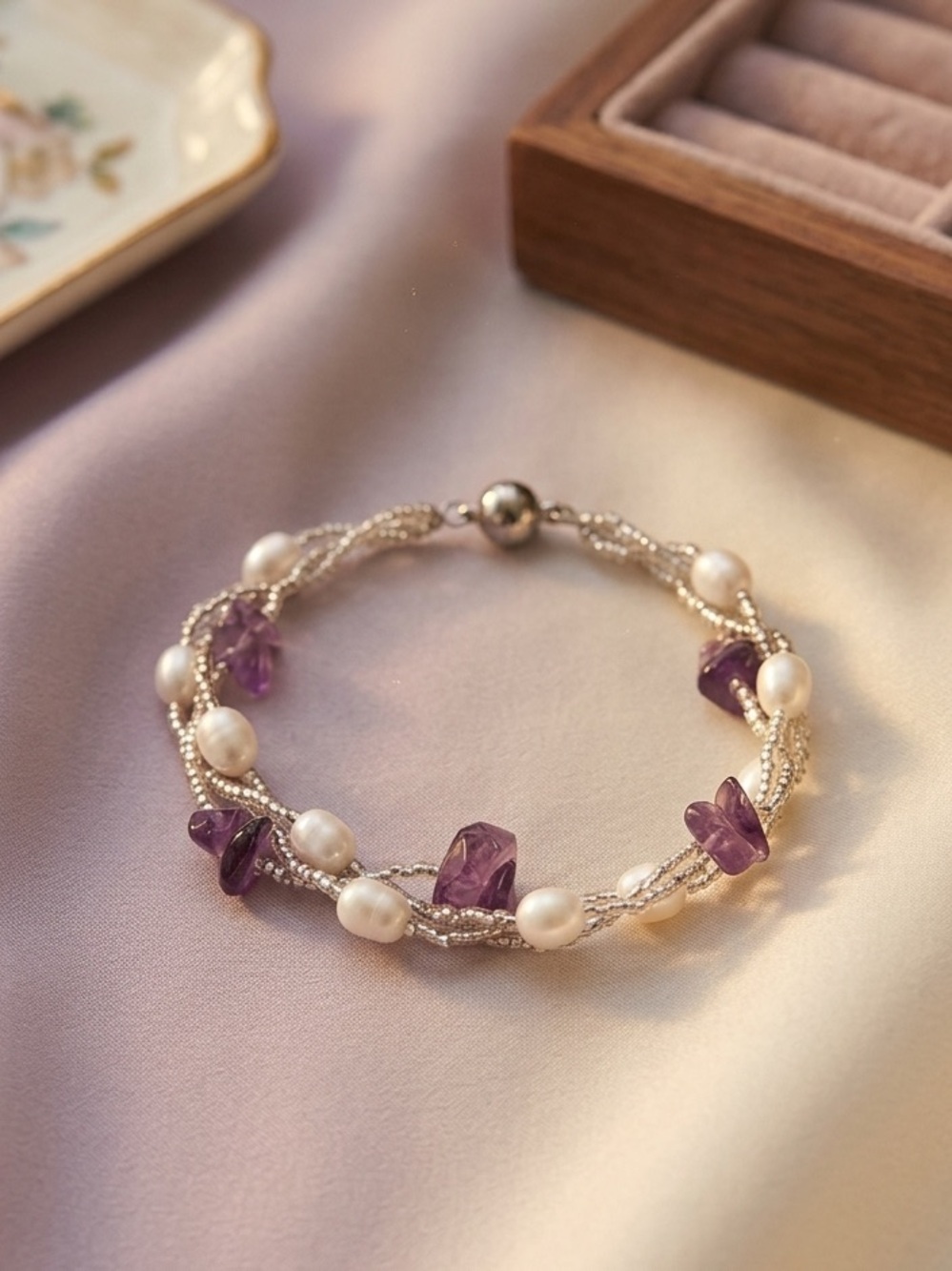 Amethyst and fake pearl bracelet
